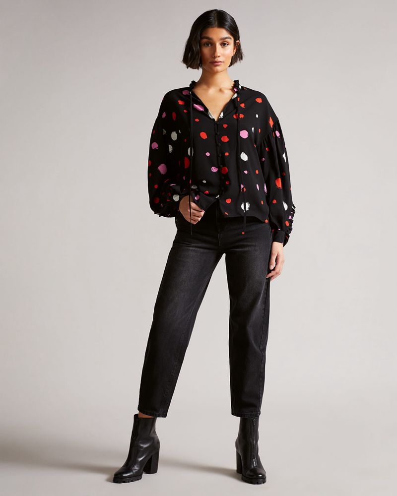 Ted Baker Sunrai Spot Print Frilled Blouse Blast Dam Svarta | SMJ-056891