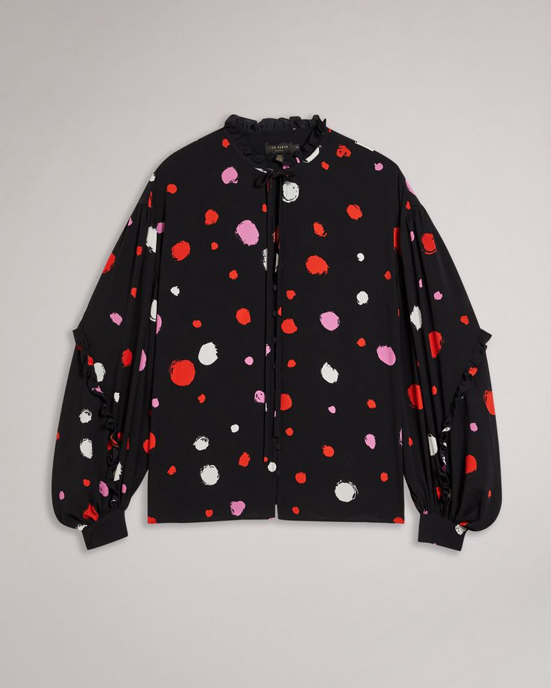 Ted Baker Sunrai Spot Print Frilled Blouse Blast Dam Svarta | SMJ-056891
