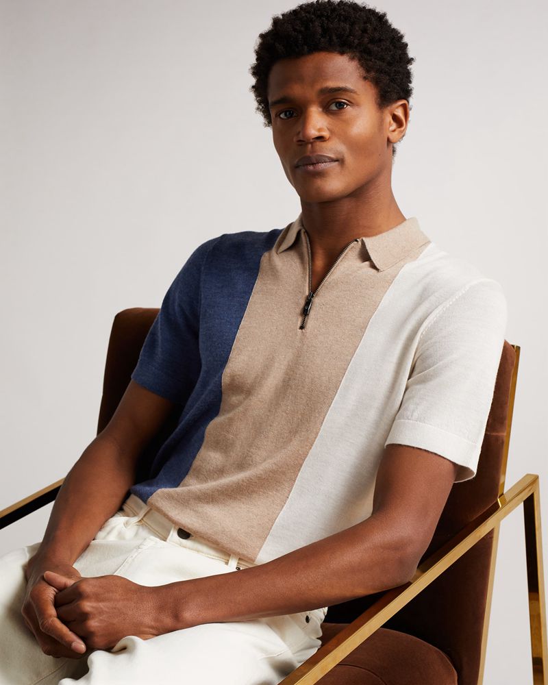 Ted Baker Swansea Sleeve Vertical Striped Merino Wool Polo Blast Herr Vita | GEO-926580
