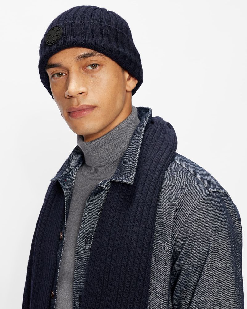 Ted Baker Tolton Ribbed Wool Cashmere Blend Beanie Hatt Herr Marinblå | IDT-037416