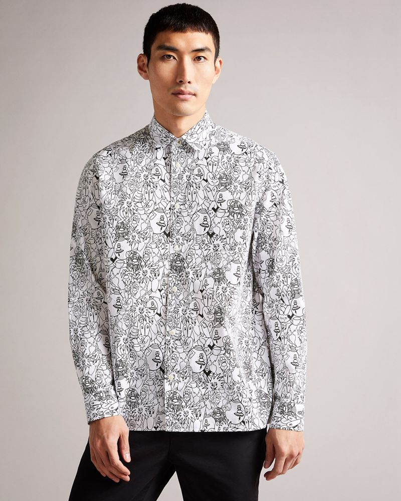Ted Baker Upland Ls All Over Character Print Skjorta Herr Vita | MKR-641852