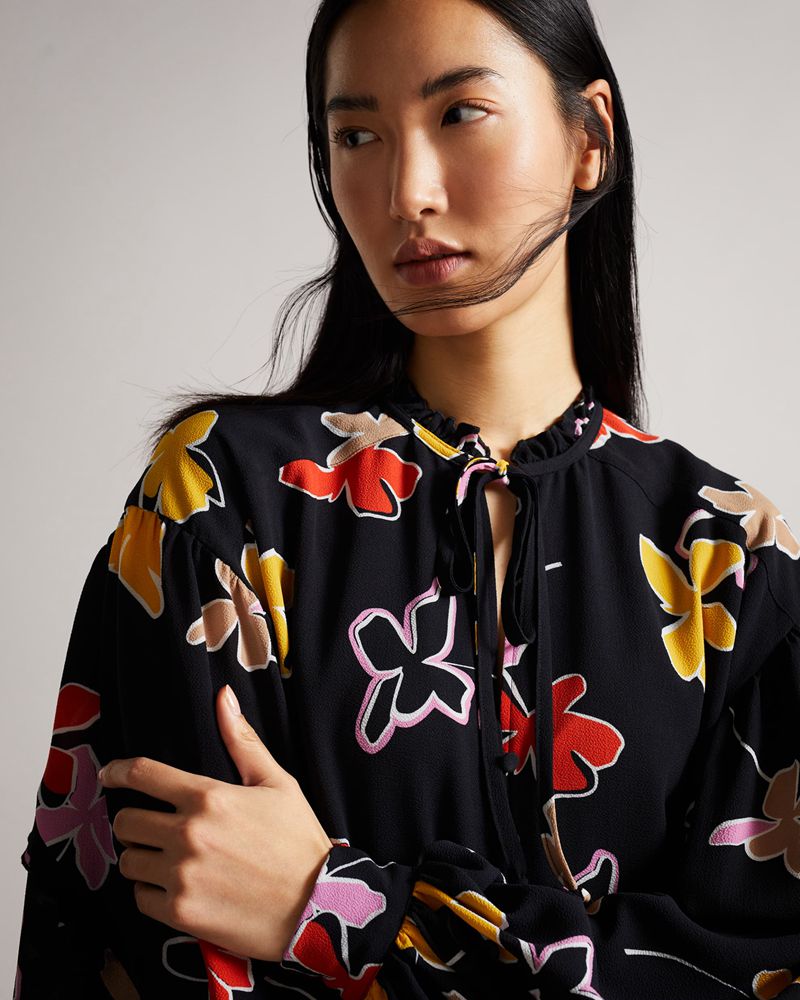 Ted Baker Yviee New World Oversized Midi With Ruffles Klänning Dam Svarta | AYD-095476