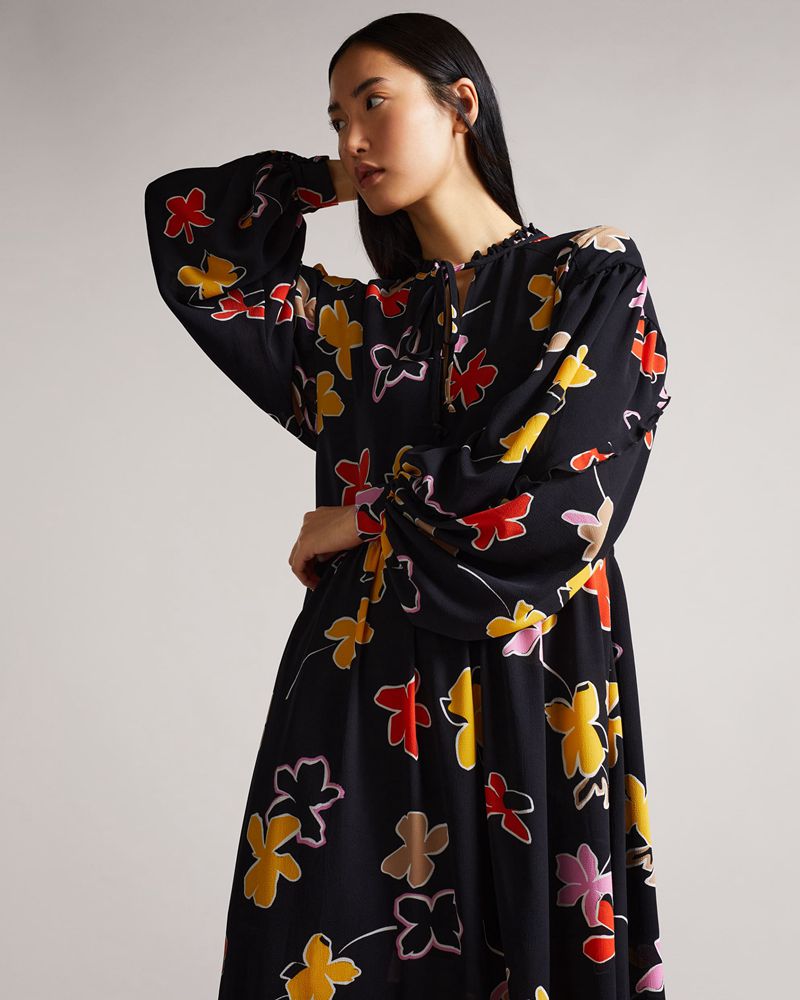 Ted Baker Yviee New World Oversized Midi With Ruffles Klänning Dam Svarta | AYD-095476