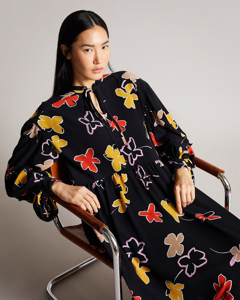 Ted Baker Yviee New World Oversized Midi With Ruffles Klänning Dam Svarta | AYD-095476