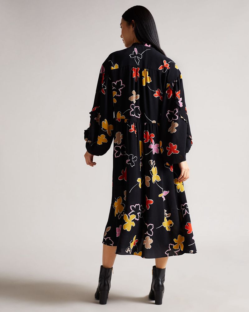Ted Baker Yviee New World Oversized Midi With Ruffles Klänning Dam Svarta | AYD-095476