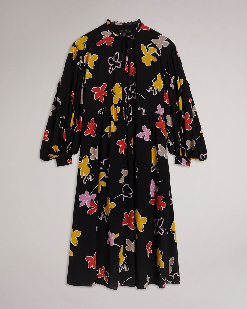 Ted Baker Yviee New World Oversized Midi With Ruffles Klänning Dam Svarta | AYD-095476