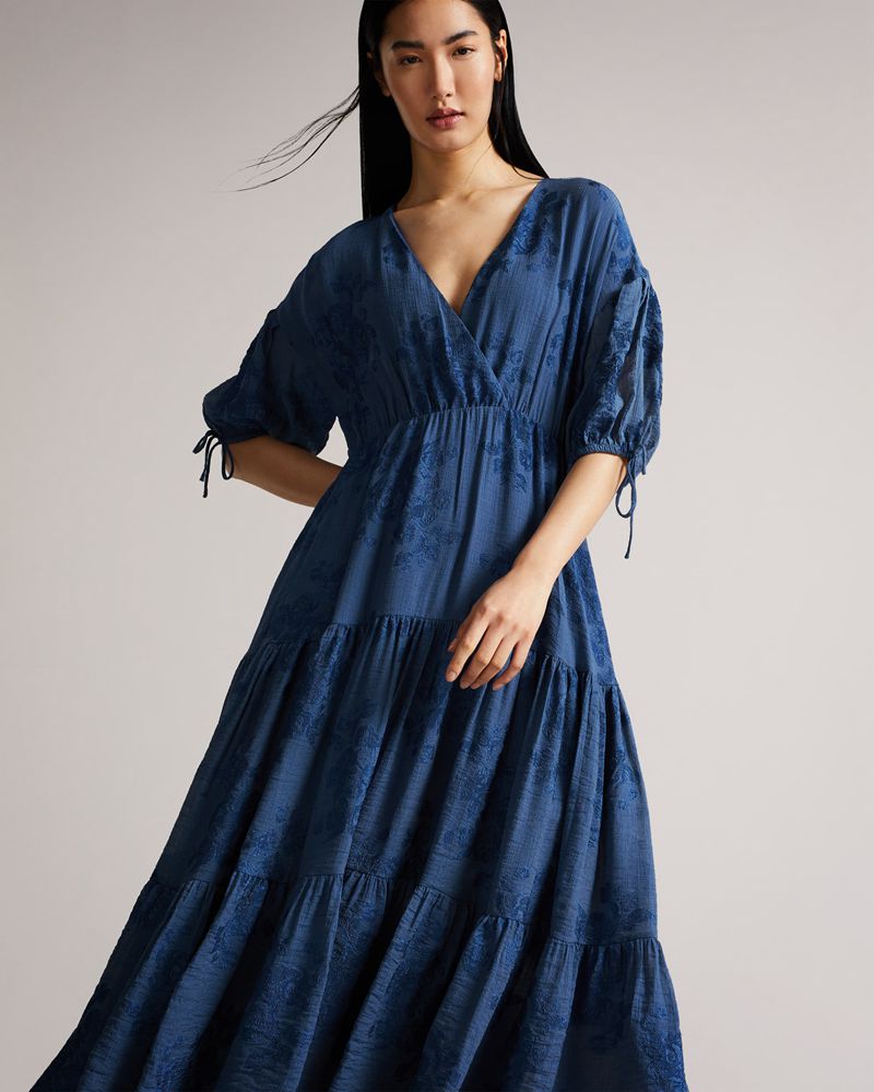 Ted Baker Zilda Puff Sleeve Wrap Front Midi Klänning Dam Blå | ROJ-587291