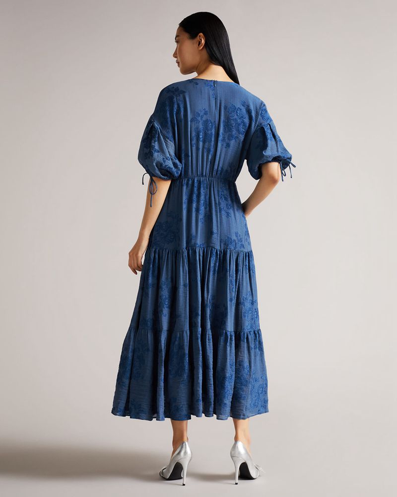 Ted Baker Zilda Puff Sleeve Wrap Front Midi Klänning Dam Blå | ROJ-587291