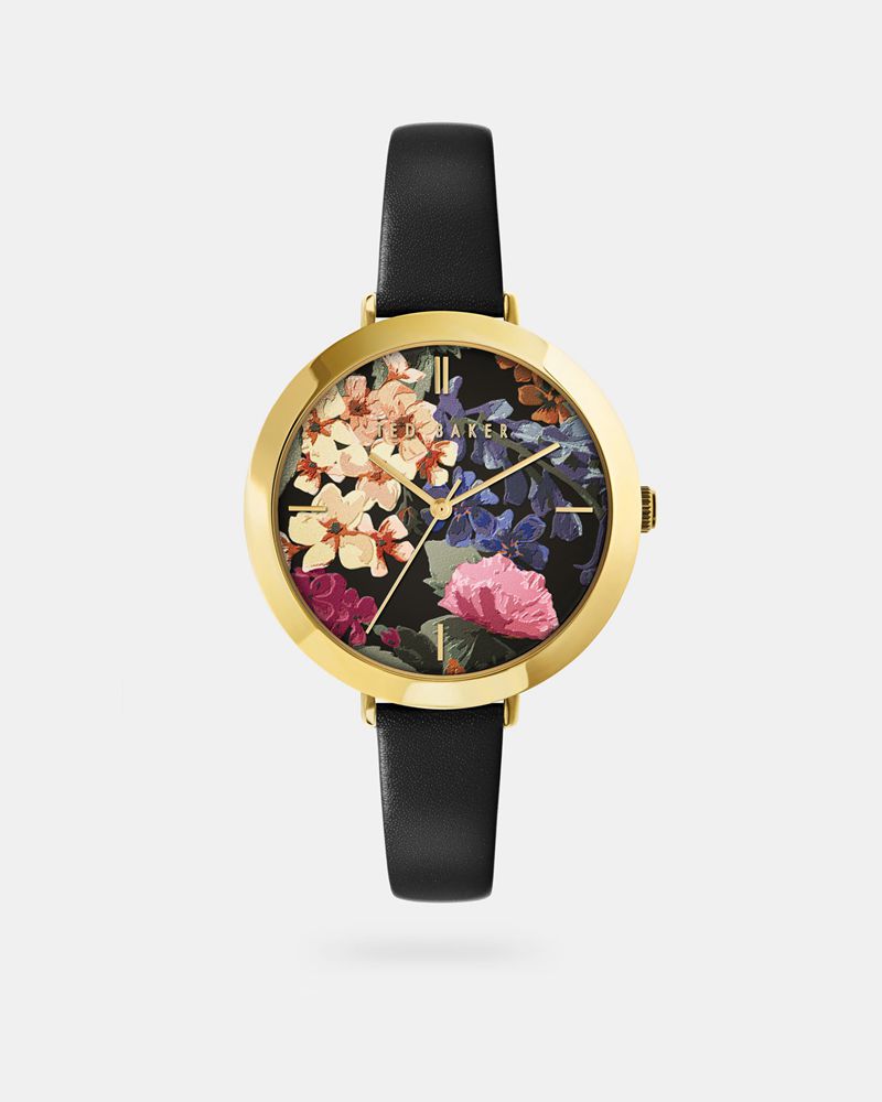 Ted Baker Ammyb Floral Dial Läder Rem Klocka Dam Svarta | JDR-571983