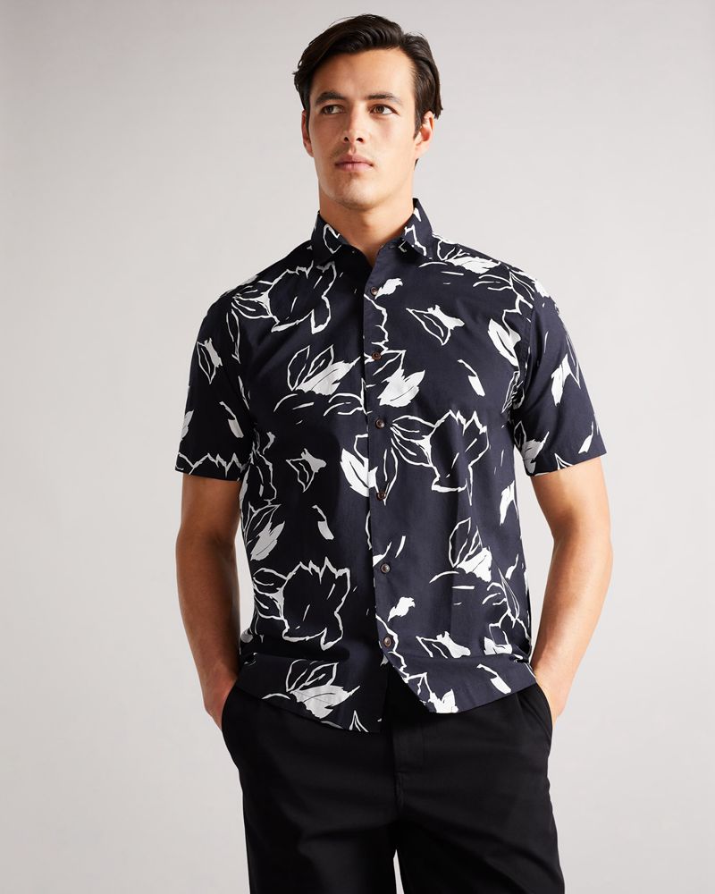 Ted Baker Ashby Ss Floral Outline Printed Skjorta Herr Marinblå | NEZ-189406