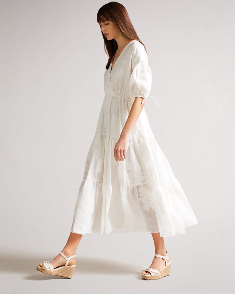 Ted Baker Darita Puff Sleeve Midi With Fixed Wrap Front Klänning Dam Vita | QYA-204198