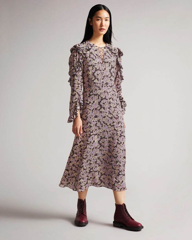 Ted Baker Haaile Frill Sleeve Floral Klänning Dam Bruna | BXP-751862