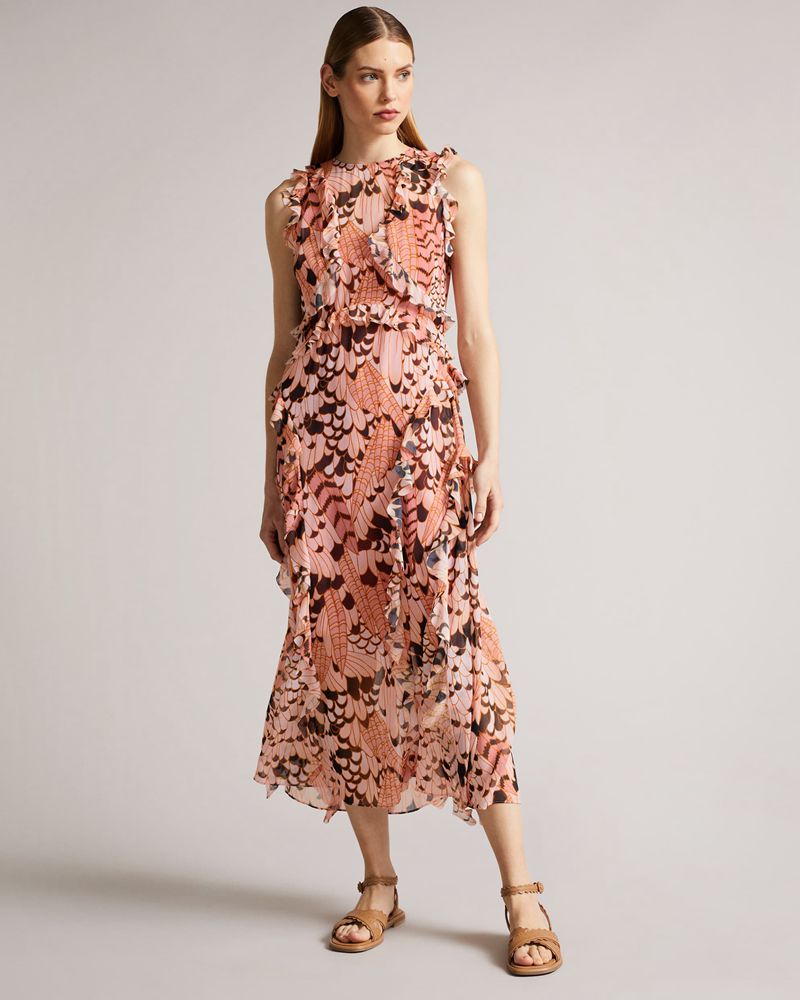 Ted Baker Kayleih Printed Ärmlös Waterfall Midi Klänning Dam Orange | UTB-425396