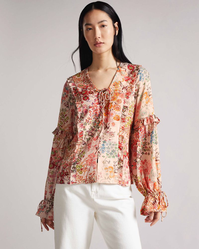Ted Baker Marrlaa Ruffle Blouse With Spets Up Detailing Blast Dam Orange | YHW-193706