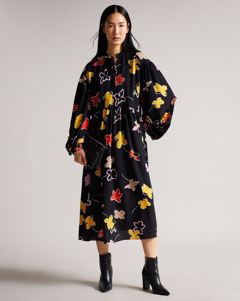 Ted Baker Yviee New World Oversized Midi With Ruffles Klänning Dam Svarta | AYD-095476