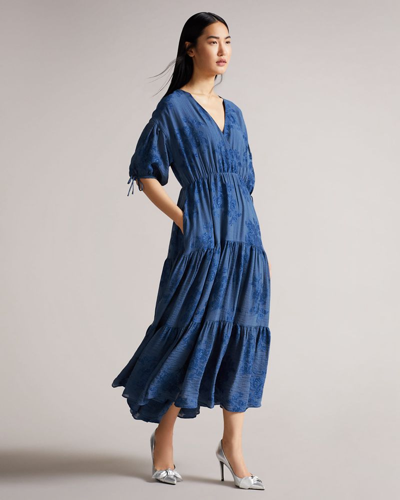 Ted Baker Zilda Puff Sleeve Wrap Front Midi Klänning Dam Blå | ROJ-587291
